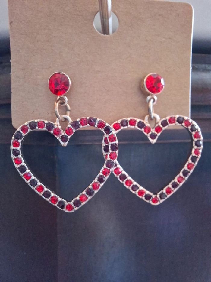 Adorables Boucles d'Oreilles Cœurs Rouges Strass - Idéal Cadeau - photo numéro 3