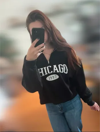 Sweat pull col camionneur à zip noir Chicago blanc oversize streetwear