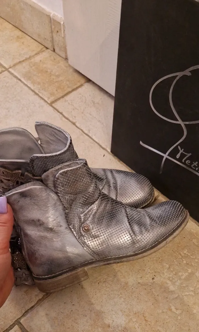 Bottines Métisse en cuir argent/bleu - photo numéro 8