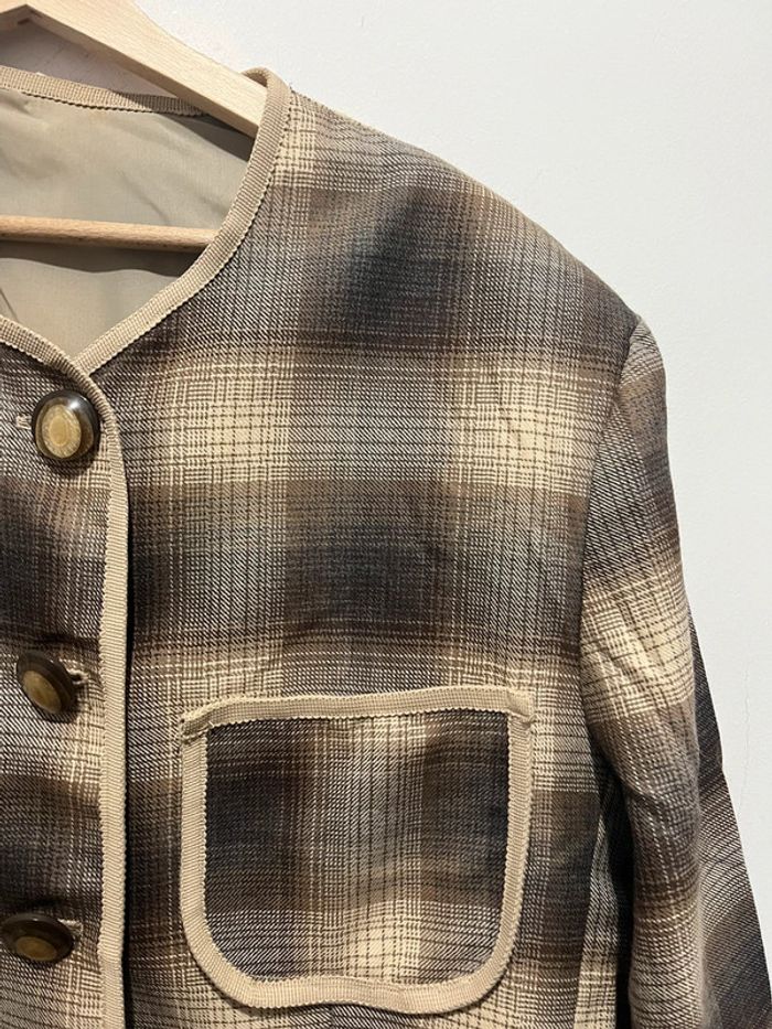 Veste droite rétro et oversize motif carreaux / rayure marron et beige - photo numéro 3
