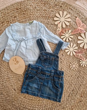 Ensemble chemise bleu et robe en jean TAO bébé fille 3 mois