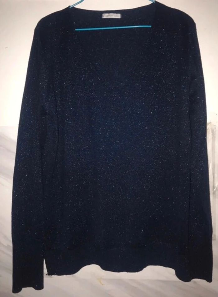 Haut Pull été femme col v Gemo manches longues bleu paillettes taille 38