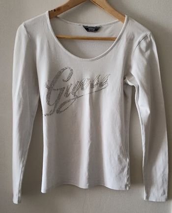 T-shirt GUESS blanc manches longues – Logo strass