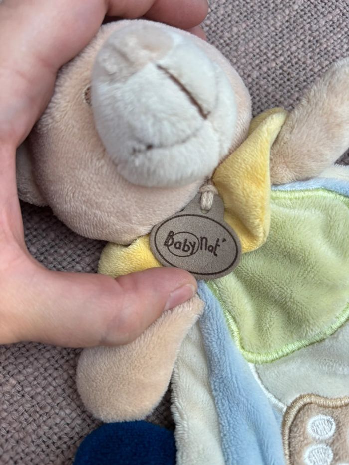 Grand super doudou bleu et vert ours beige, baby nat - photo numéro 2