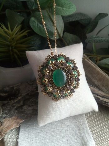 Collier 2 en 1 pendentif broche vintage en pierres naturelles