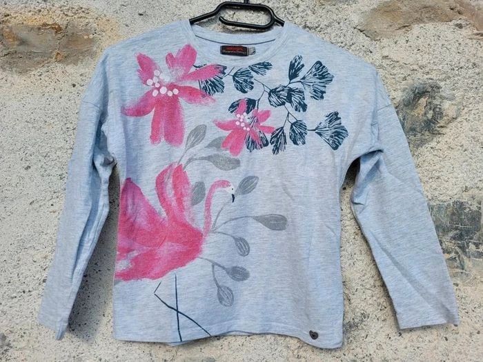 Superbe tee-shirt manches longues Catimini gris anthracite motif flamant rose 🦩, 8 ans - photo numéro 2