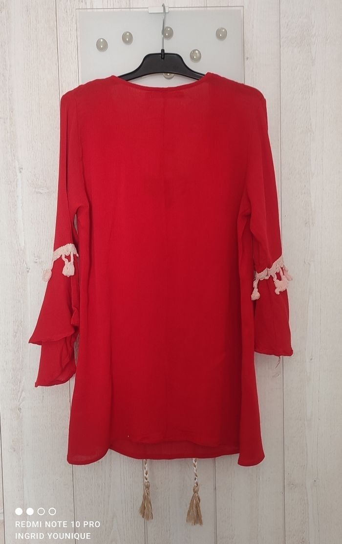 Blouse rouge et or à pompoms taille unique - photo numéro 2