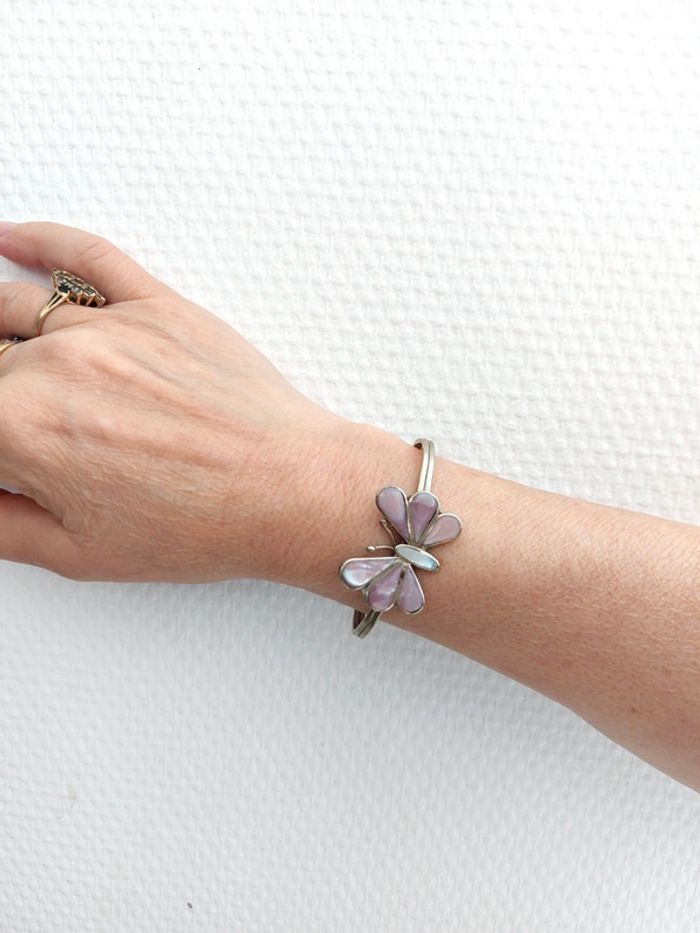 Magnifique bracelet papillon en Alpaca Mexico nacre - photo numéro 2