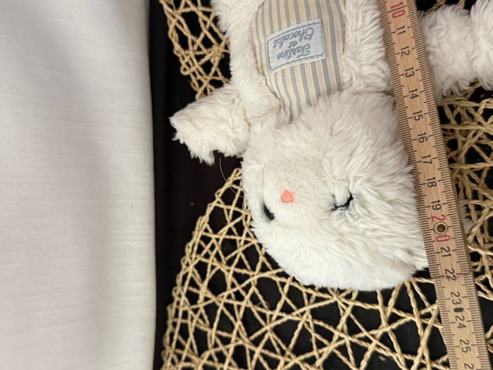 Doudou ours en peluche vintage tartine et chocolat blanc et bleu tissu rayé - photo numéro 2