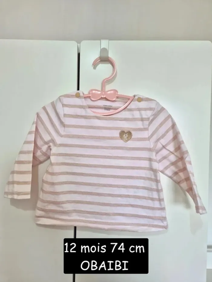 Collection 2025 T-shirt marinière rayé OBAIBI 12 mois 74cm  coton bio rose bébé fille