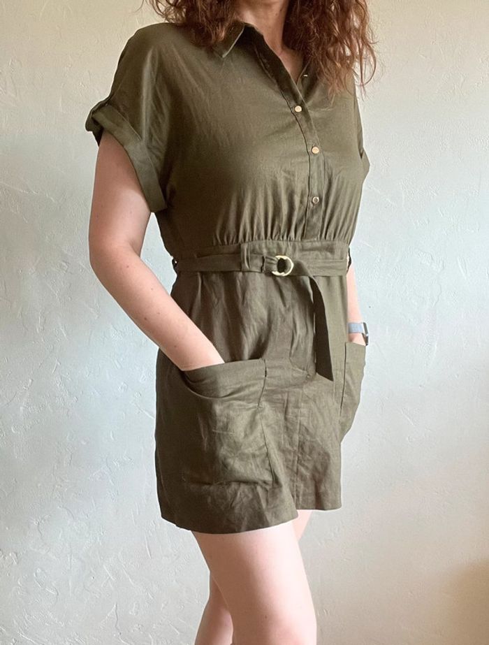 🌿 Robe courte Zara en lin kaki - Taille L 🌿