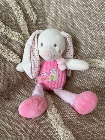 Peluche doudou 29cm Mots d'Enfants lapin rose et blanc hiboux renard très bon état