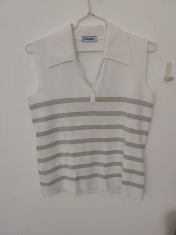 Débardeur blanc et gris à rayures type marinière avec col Duger taille 3 Made in France