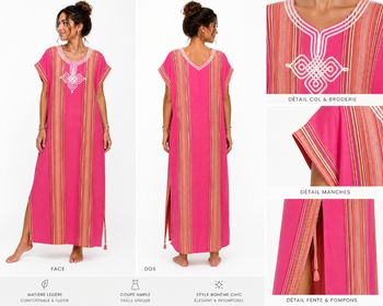 
Robe longue type caftan, aux teintes rose vibrant et rayures multicolore