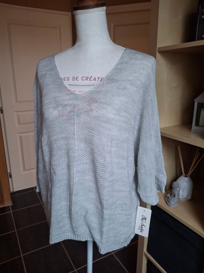 Pull fin gris chiné mailles nid d'abeilles neuf étiqueté