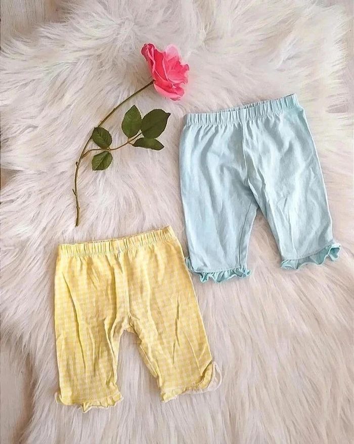Lot de 2 leggings corsaires pantacourt bébé fille 18 mois vichy jaune + turquoise été
