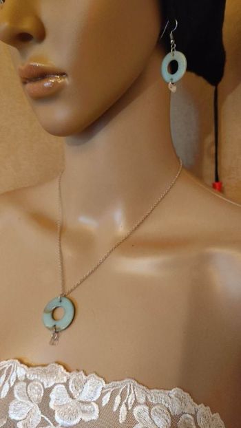 parure chaine argent 925 et boucles nacre bleu gris modèle unique vintage