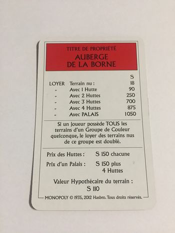 Carte Auberge de la borne pièce jeu de société Monopoly le tour de Gaule d'Astérix Hasbro #A53