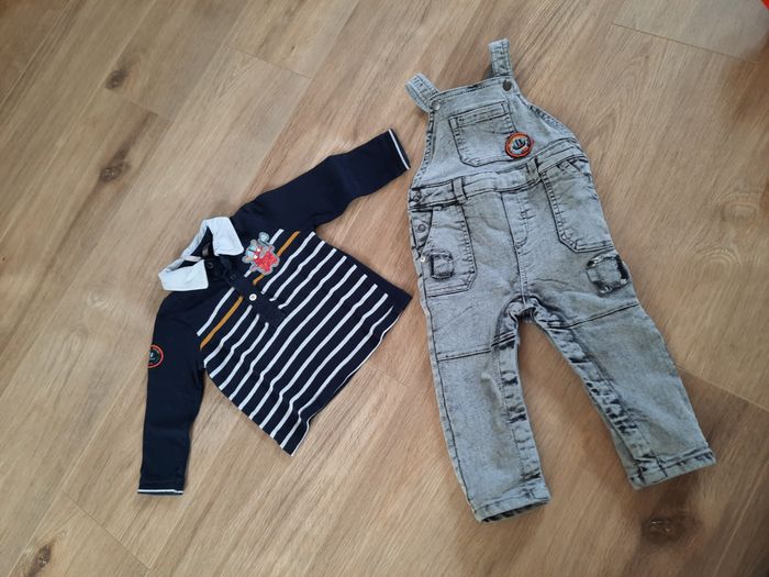Ensemble garçon salopette-pantalon en jean gris+polo bleu marine à manches longues Orchestra 12 mois
