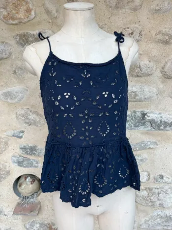 H&M - Débardeur broderie bleu marine à volants dos nu floral