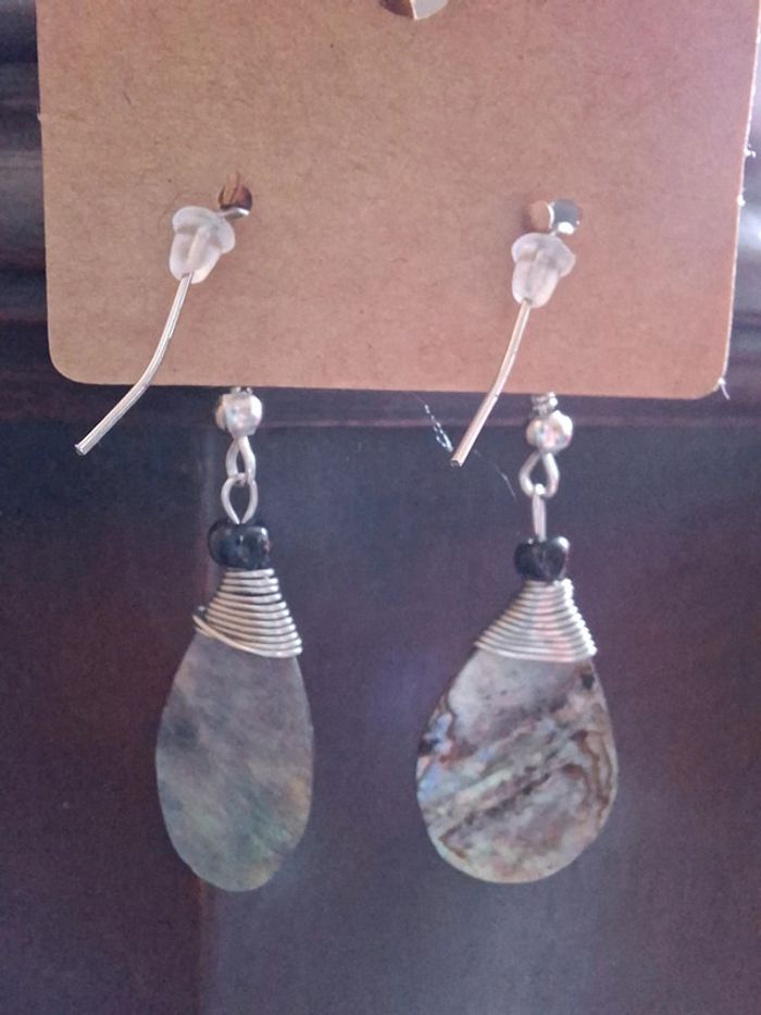 Magnifiques Boucles d'Oreilles Gouttes Nacre d'Ormeau & Fil Argenté - Artisanales - photo numéro 3