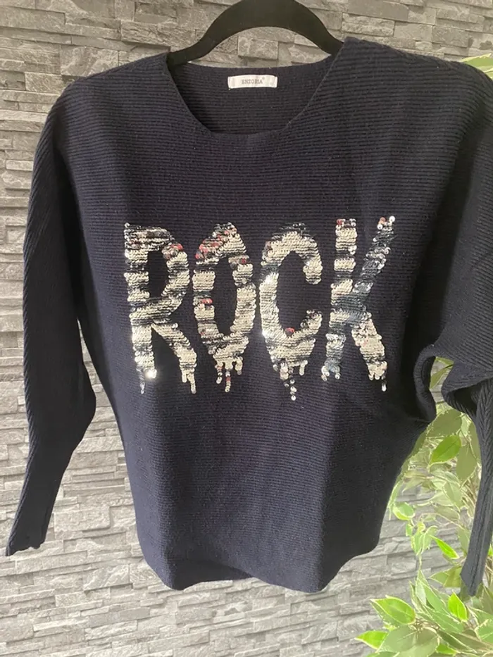 💙🤍Sublime pull bleu marine “ROCK” à sequins – Enzoria 💙🤍 - photo numéro 2