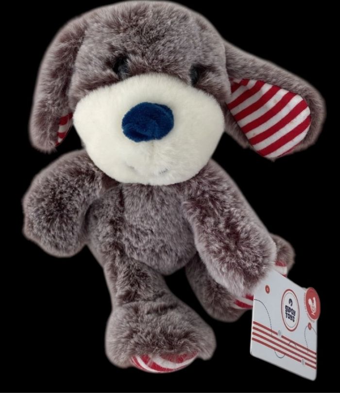 B6113❤️  20cm Doudou Peluche GIPSY Chien Assis Marron Rayé Rayures Rouge