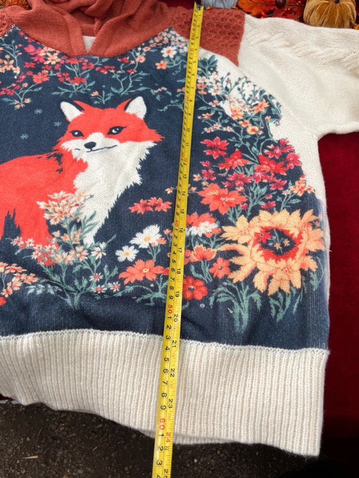 Pull automnal à capuche – Motif Renard & Fleurs – Taille XL - photo numéro 9