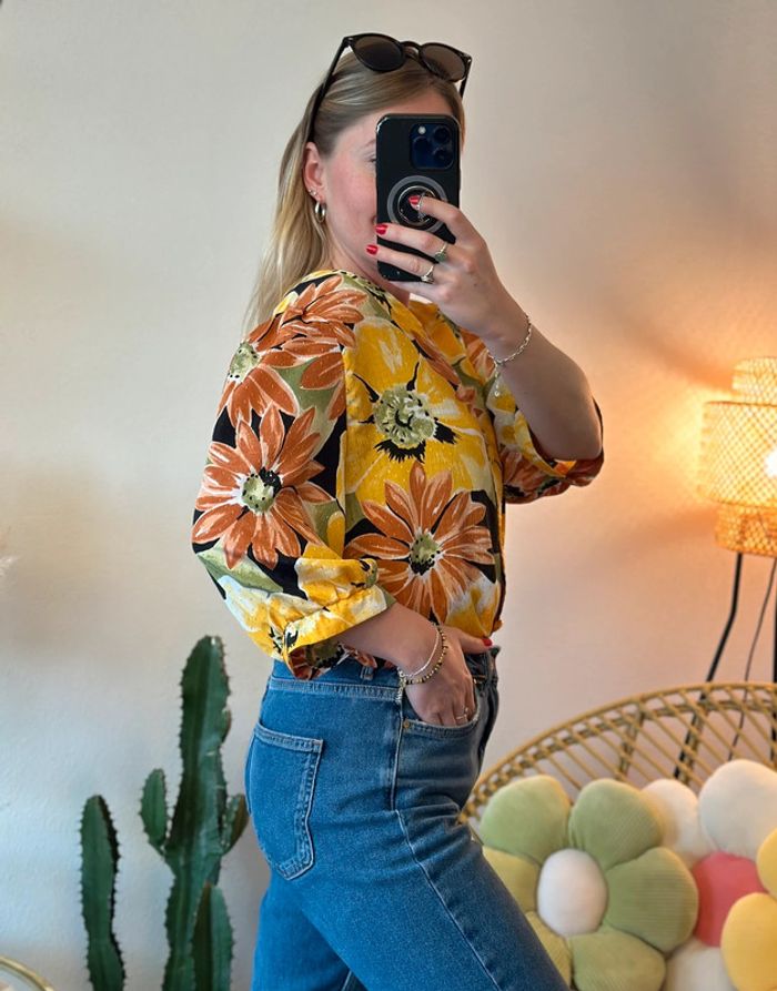 Chemise jaune imprimée fleurs, modèle vintage, taille unique - Saint Charles - photo numéro 6
