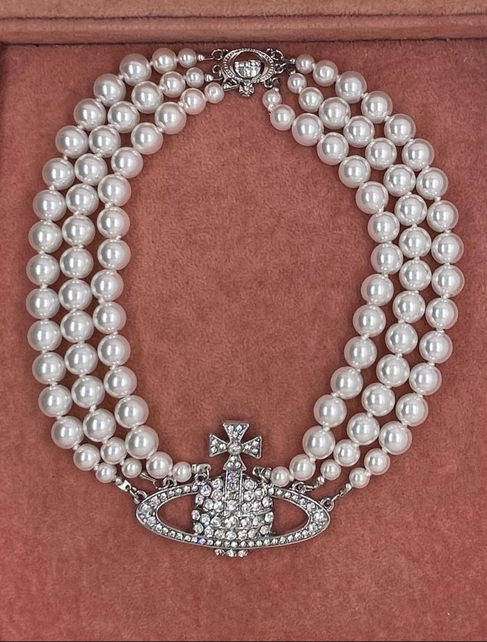 Collier perles 3 rangs motif argenté strass - photo numéro 5
