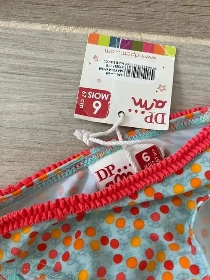 culotte maillot de bain bébé 6 mois neuf avec étiquette bleu ciel a pois DPAM - photo numéro 2