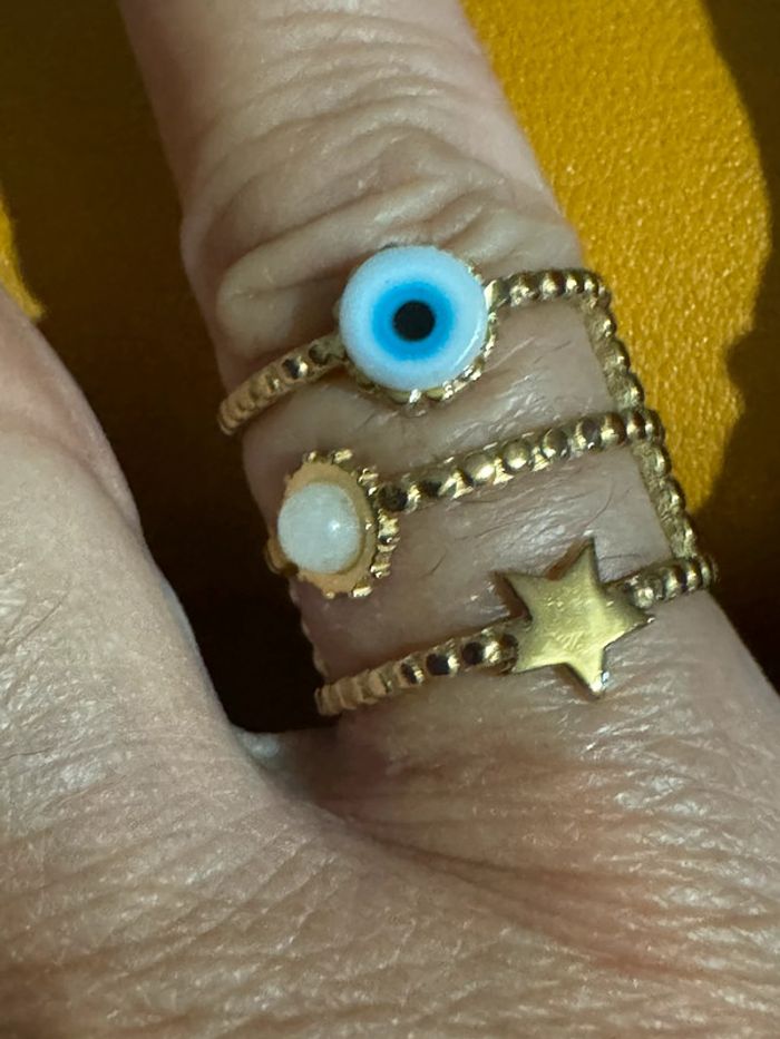 Bague large réglable œil lune perle étoile acier inoxydable or - photo numéro 2