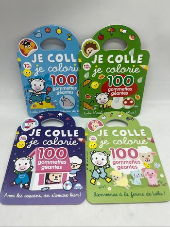 Lot de 4 livres d’activités Magazine Je colle je colorie Avec 100 gommettes géantes imagier neuf avec Lola meuh