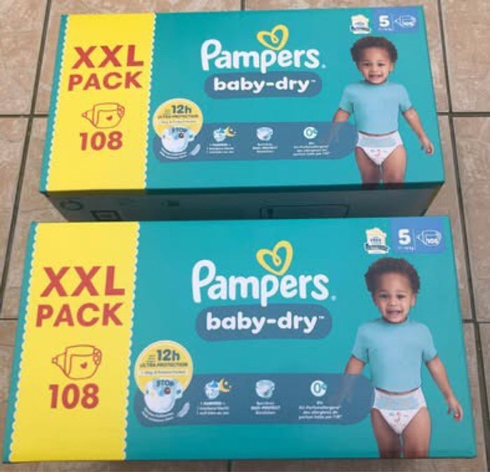LOT DE 216  COUCHES PAMPERS BABY DRY TAILLE 5 NEUFS DANS L'EMBALLAGE - photo numéro 2