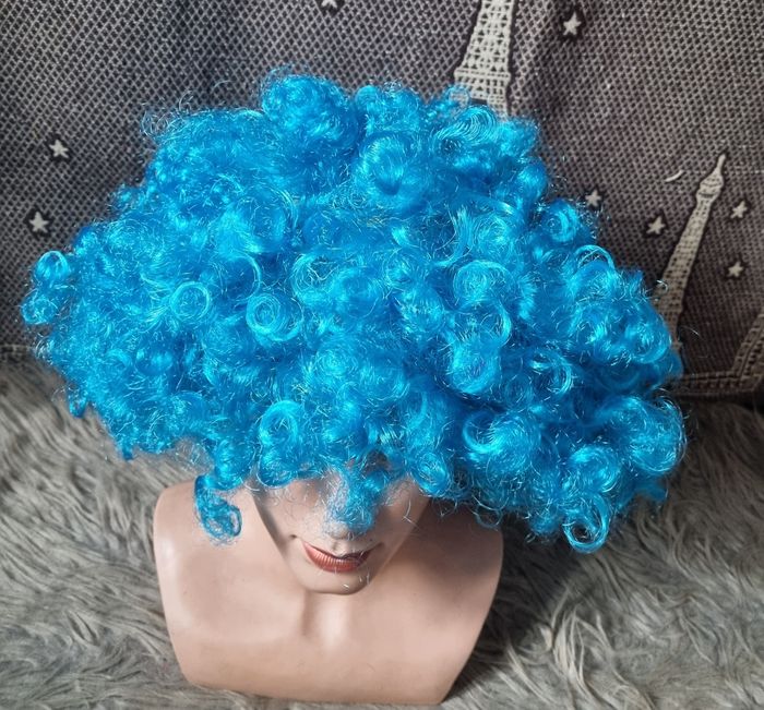 Perruque de clown ,cosplay ou autres bleu bouclés - photo numéro 2