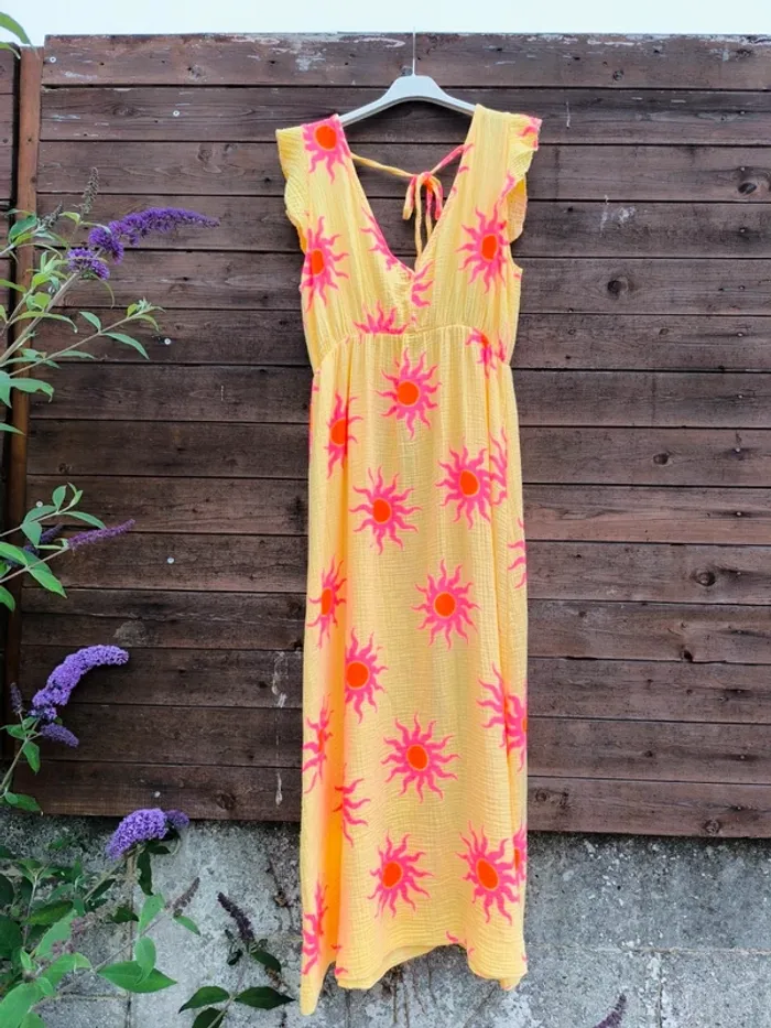Robe longue été jaune et rose gaz de coton avec soleil TU 36 à 42 - photo numéro 4