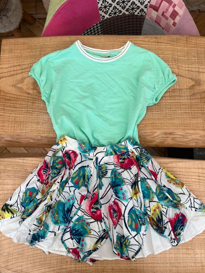 Ensemble 10 12 ans été jupe t-shirt vert papillon fleurs t-shirt jupe catimini tape à l’œil