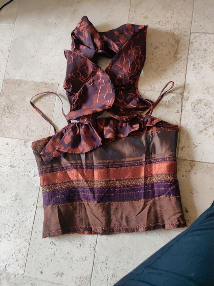 Haut habillé court à bretelles fines ultra vintage tendance Ibiza Batiste contient soie et laine - photo numéro 4