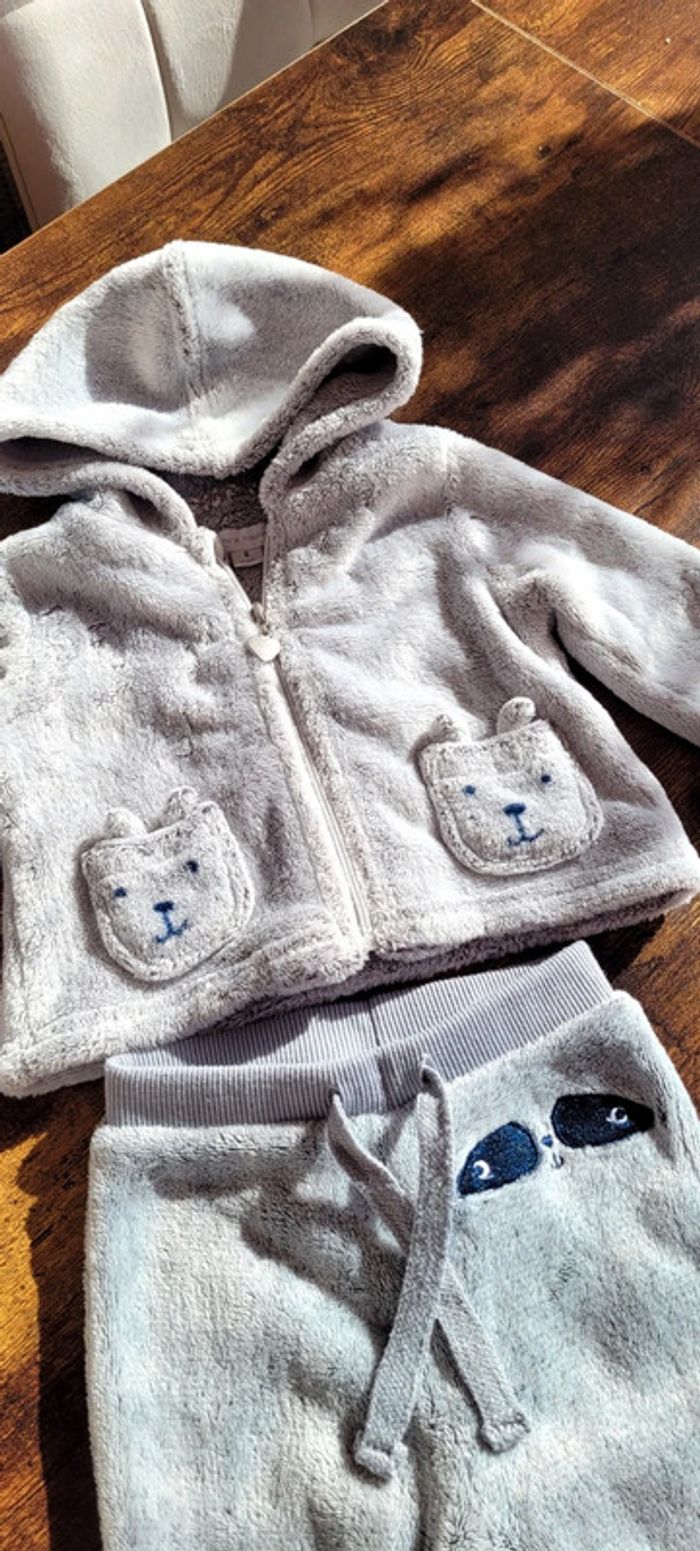 Ensemble veste et pantalon pilou-pilou haut et bas gris tout doux Pat et Ripaton 6mois