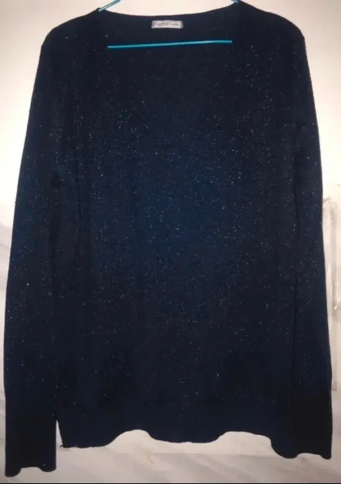 Pull col v été femme Gémo bleu paillettes manches longues taille 38