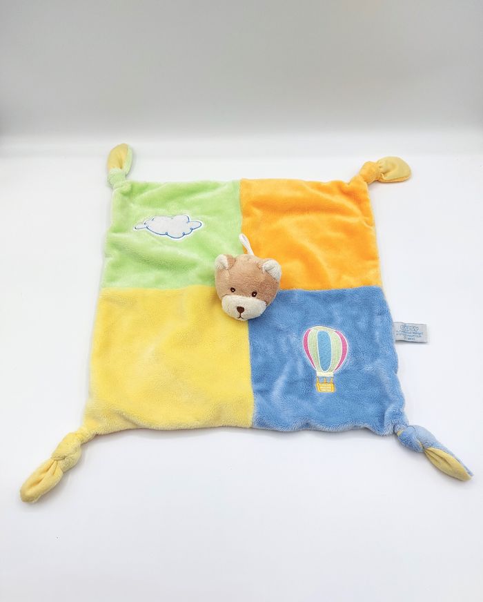 Doudou plat ours beige vert jaune orange bleu GIPSY montgolfière nuage 4 nouettes