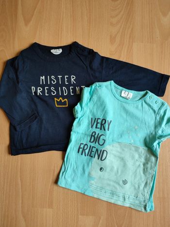 Lot 2 t-shirts neufs manches courtes turquoise et longues marine Kiabi en 6M