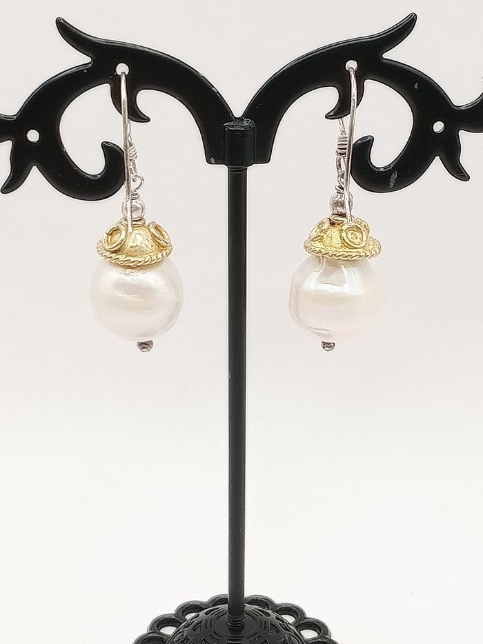Orecchini artigianali argento dorato color oro perla fiume acqua dolce - photo numéro 2
