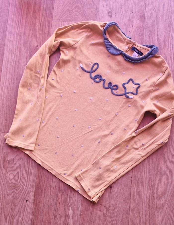 T shirt manches longues jaune moutarde/gris okaïdi 10 ans