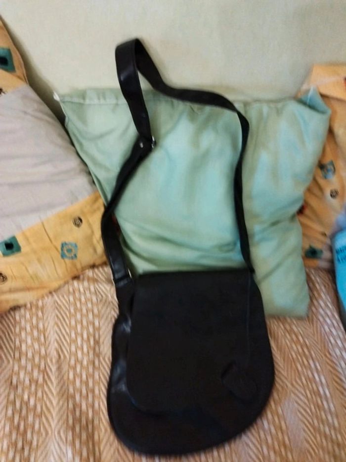 Sac noir bandoulière cuir et coton vintage bag - photo numéro 4