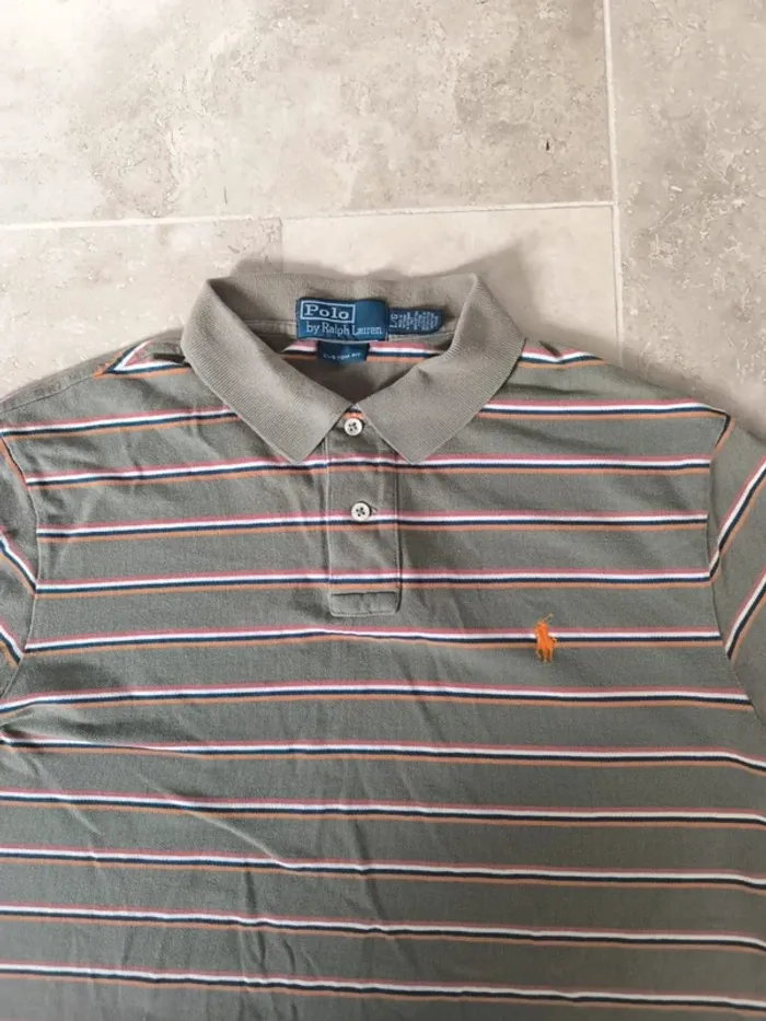 Polo Ralph Lauren homme L marron clair rayures colorées logo orange bon état général - photo numéro 3