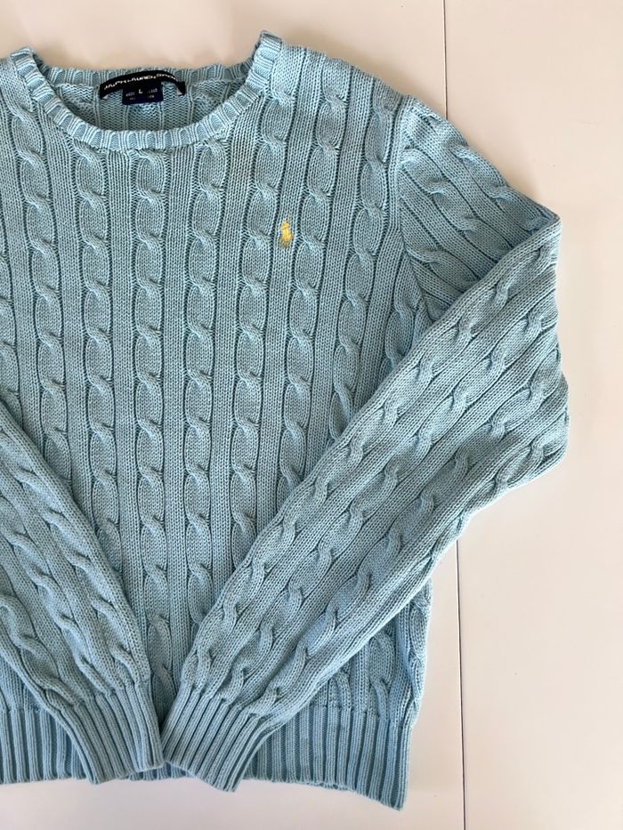 Pull torsadé bleu clair Ralph Lauren taille S - photo numéro 3