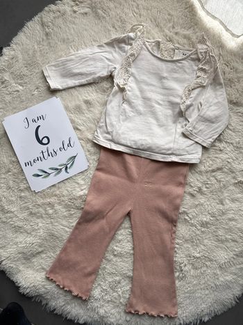Ensemble pull Kiabi à dentelle et pantalon patte d'éléphant rose zeeman 6 mois