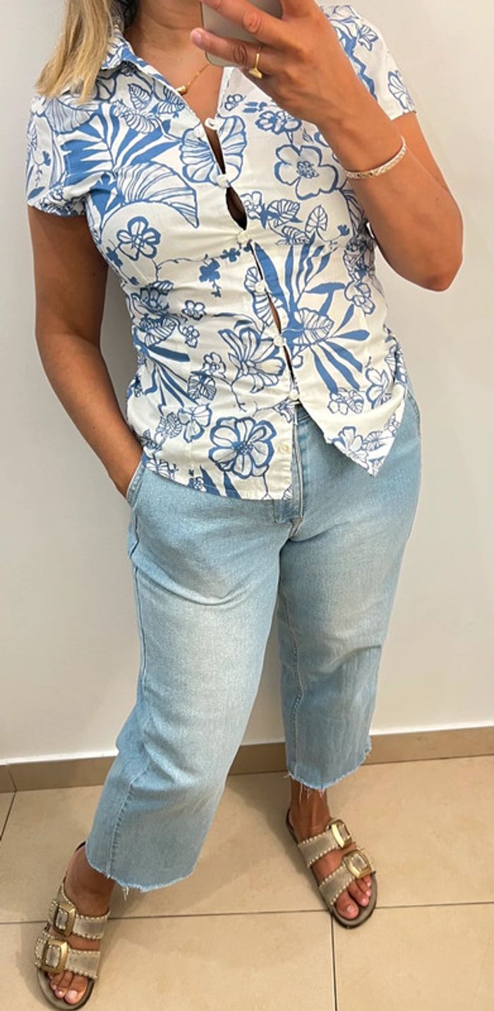 💙Chemise manches courtes, imprimé floral bleu style Hawaï Taille S - photo numéro 4