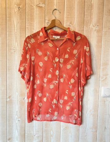 Chemisette vintage corail à fleurs - Galeande - Taille XL